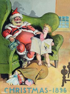 A nostalgic Christmas illustration from 1896 featuring Santa Claus reading a book while sitting on a green armchair. A young boy is seated next to him, looking intently at the pages. A sack filled with toys is on the floor beside them.