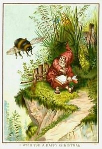 A whimsical illustration of a gnome seated on a grassy ledge, writing in a book with a bee hovering nearby, surrounded by greenery and a wooden fence.