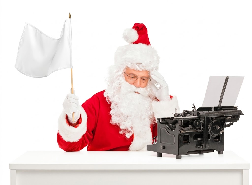 Santa Claus in a red suit holding a white flag while sitting at a desk with a vintage typewriter.